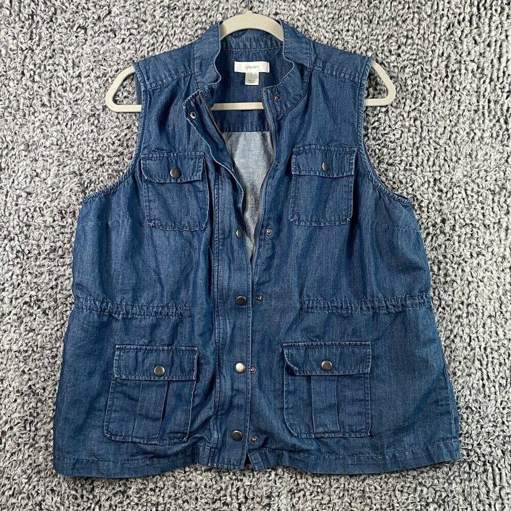 Cj Banks Plus X Chambray Chore Vest Pockets Zip Snap Blue Linen Blend Utility